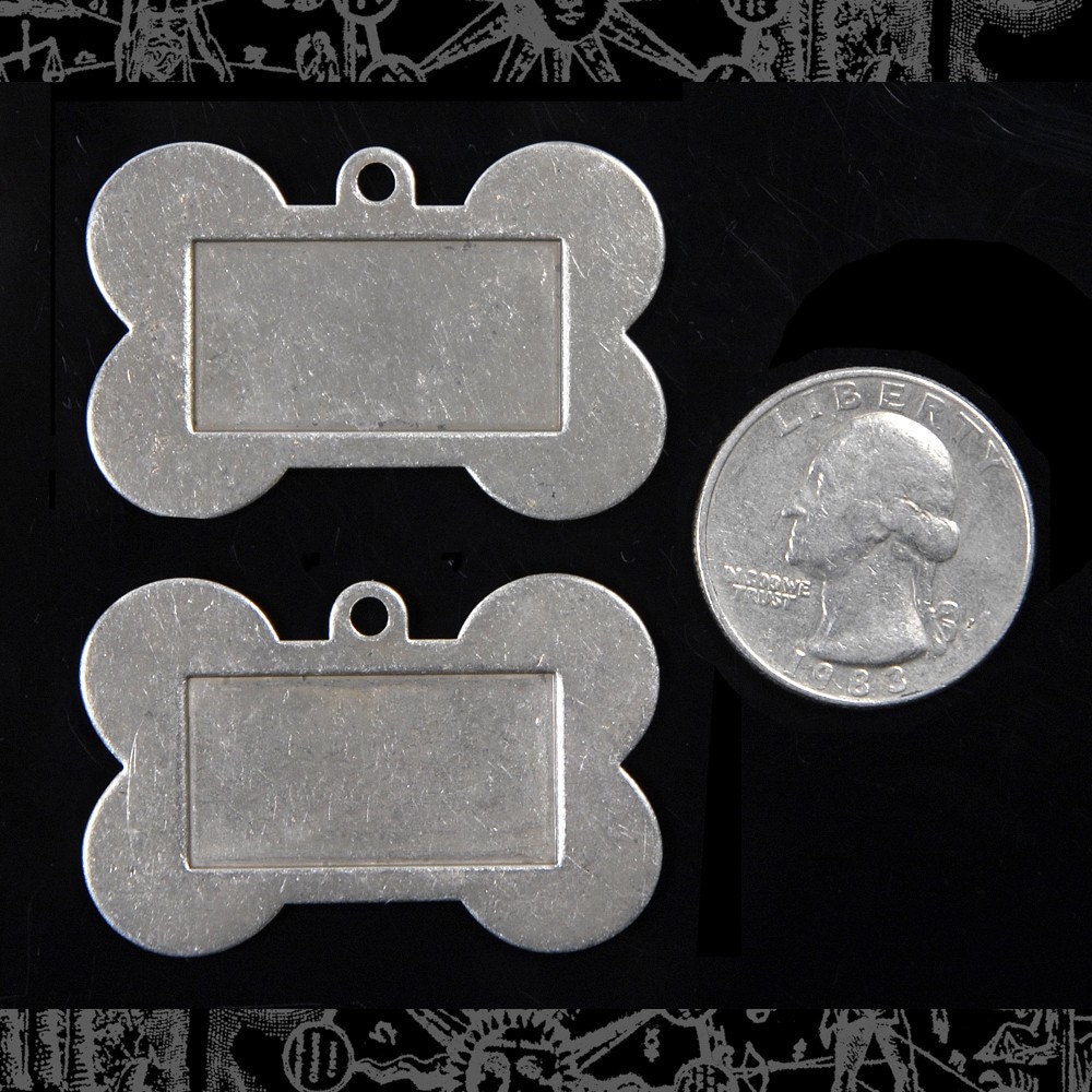 Antiqued Silver Plated Brass Dog Tag Charms Pendants with Recessed Area for Personalization - Set of Two - S-C15