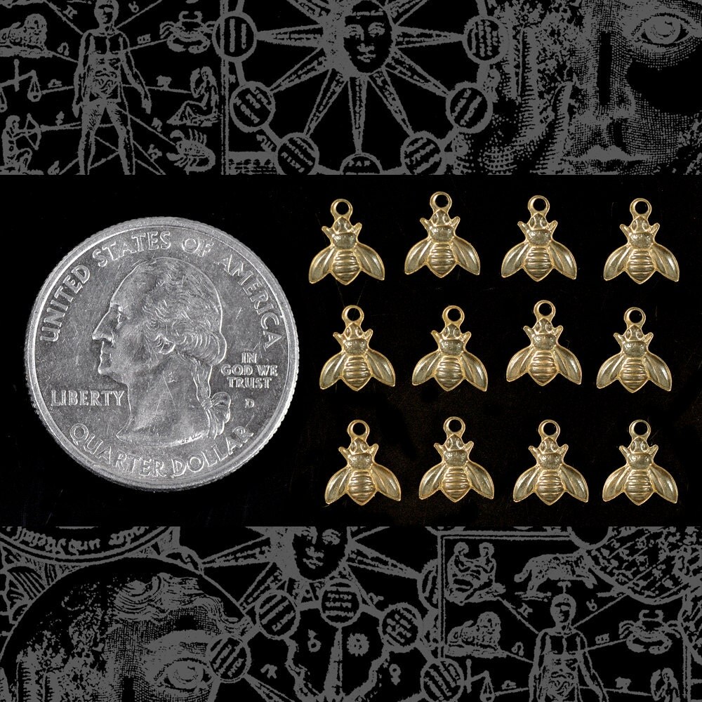 Antiqued Brass Itty Bitty Bee Charms with Ring - Set of Twelve - AB-C101