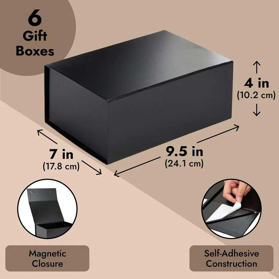 6 Pack Magnetic Gift Boxes with Lids, 9.5x7x4&#x22; Bridesmaid Proposal Box, Black