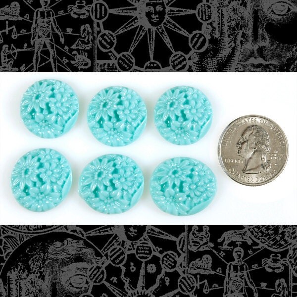 Pale Turquoise Floral Round Cameo Cabochons 20mm - Set of Six - Cab4