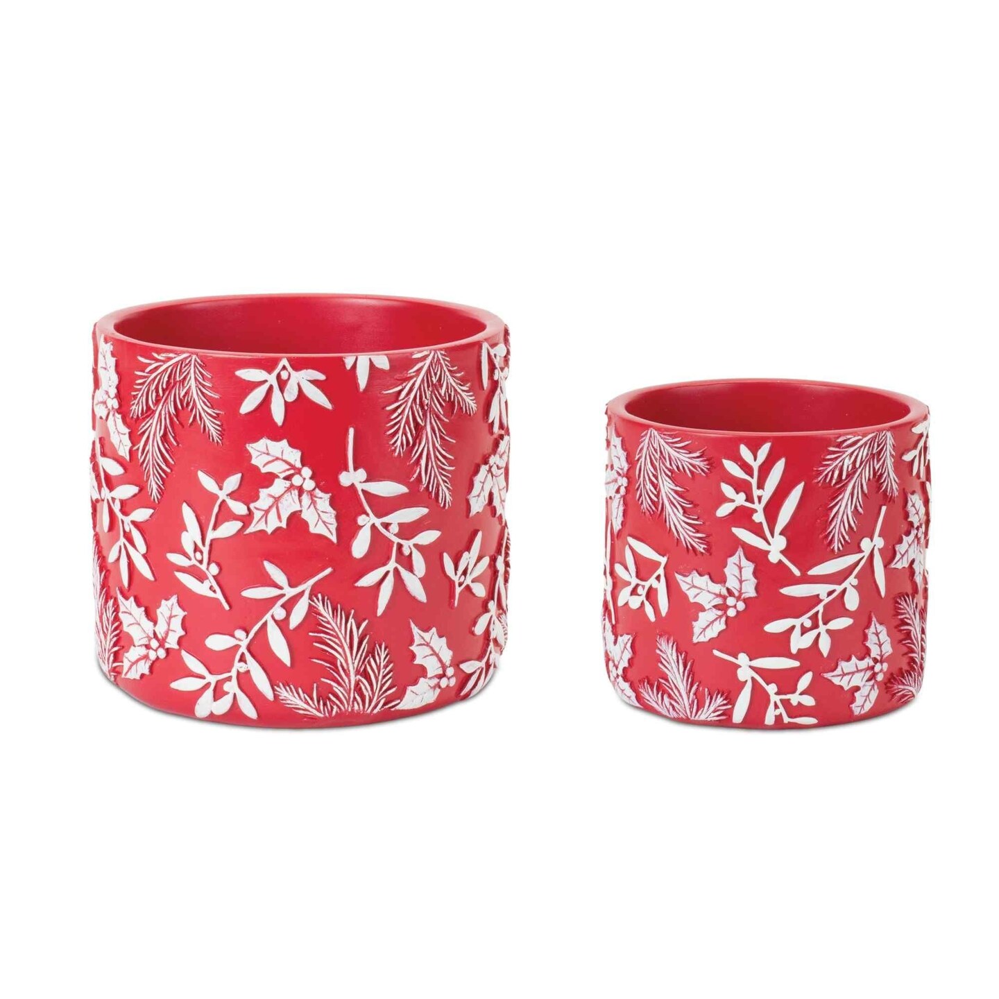 Melrose Set of 2 Red and White Winter Foliage Christmas Planters 6&#x22;