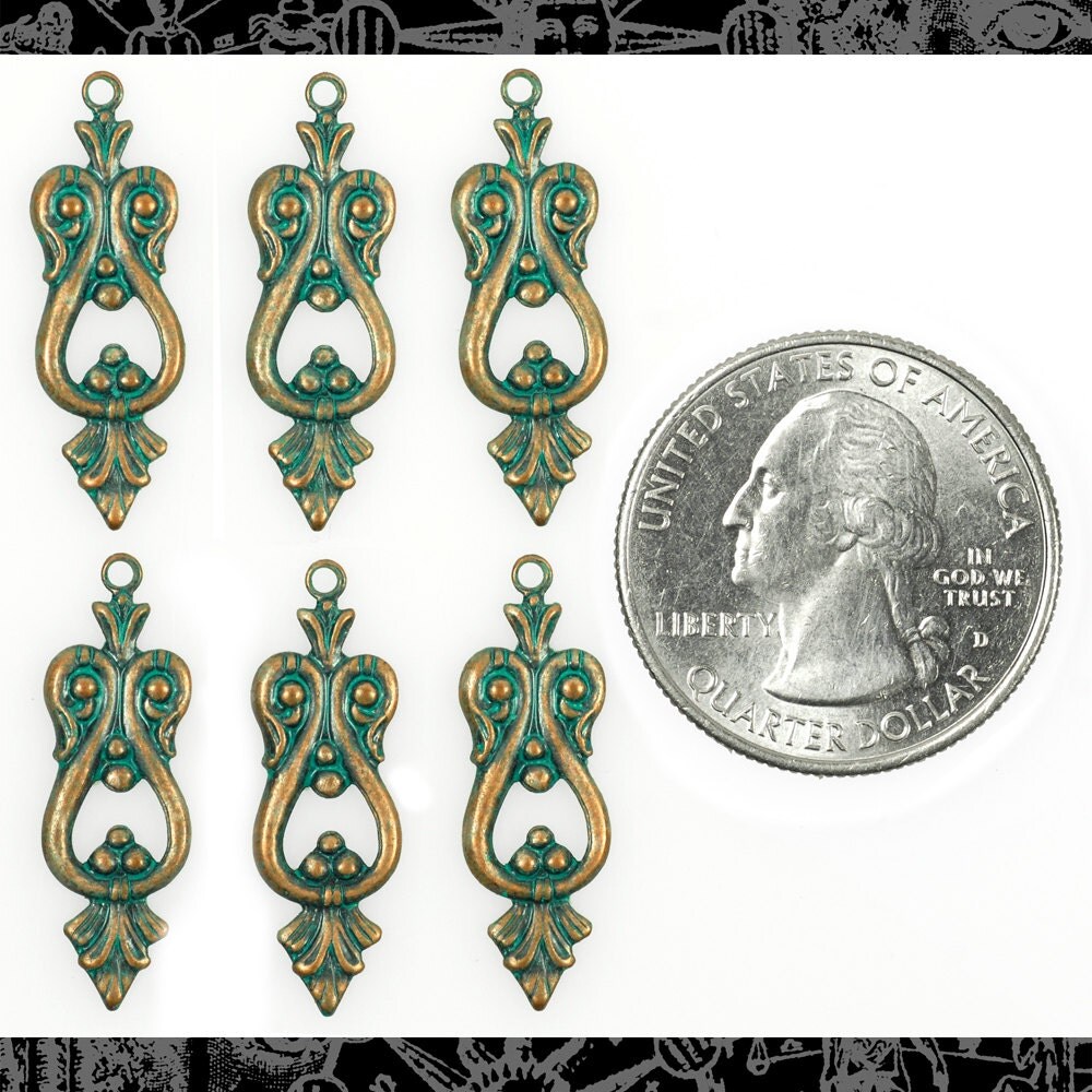 Verdigris Finished Brass Art Deco Loopy Charms - Set of Six - V-C89