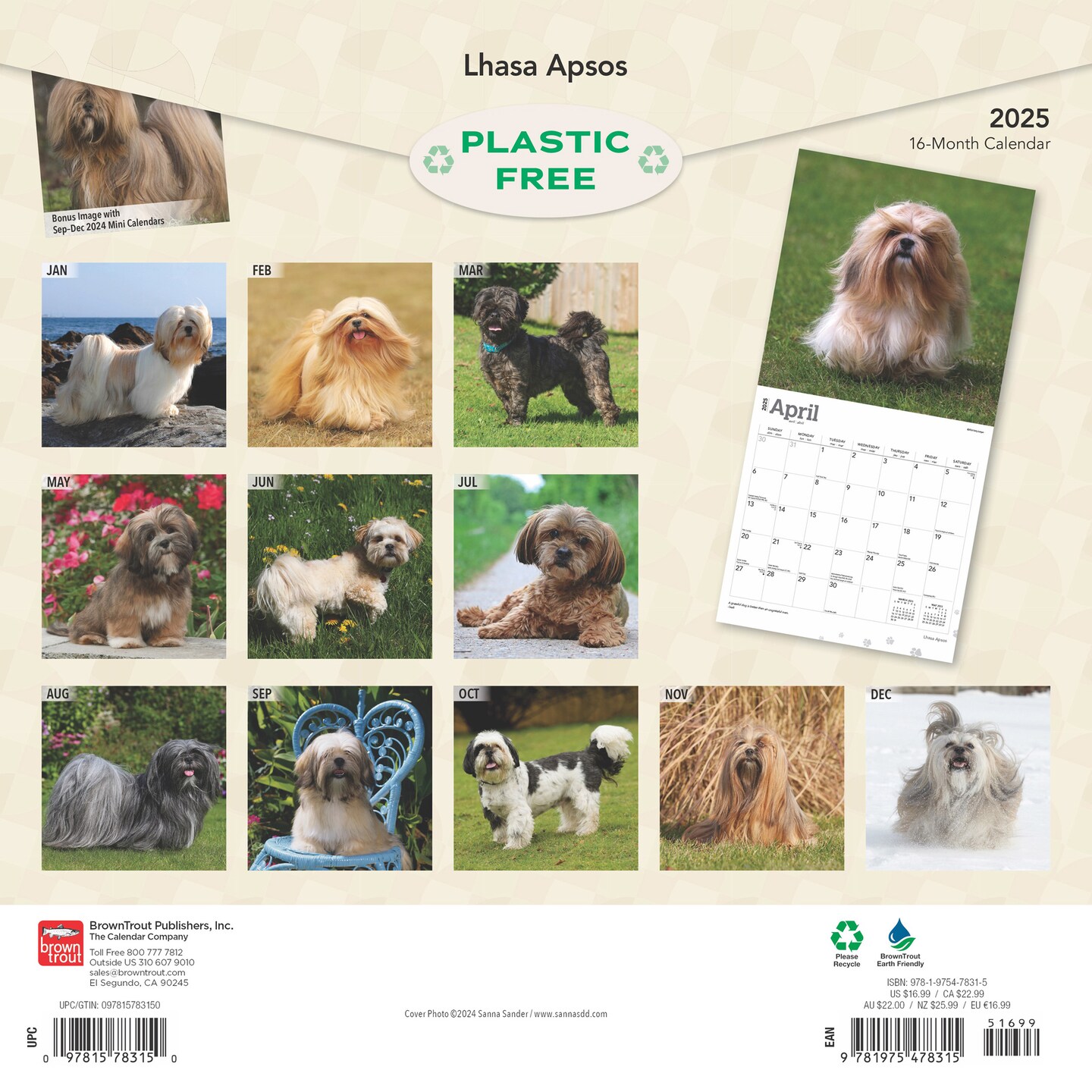 Lhasa Apsos | 2025 12 x 24 Inch Monthly Square Wall Calendar | Plastic-Free | BrownTrout | Animals Dog Breeds