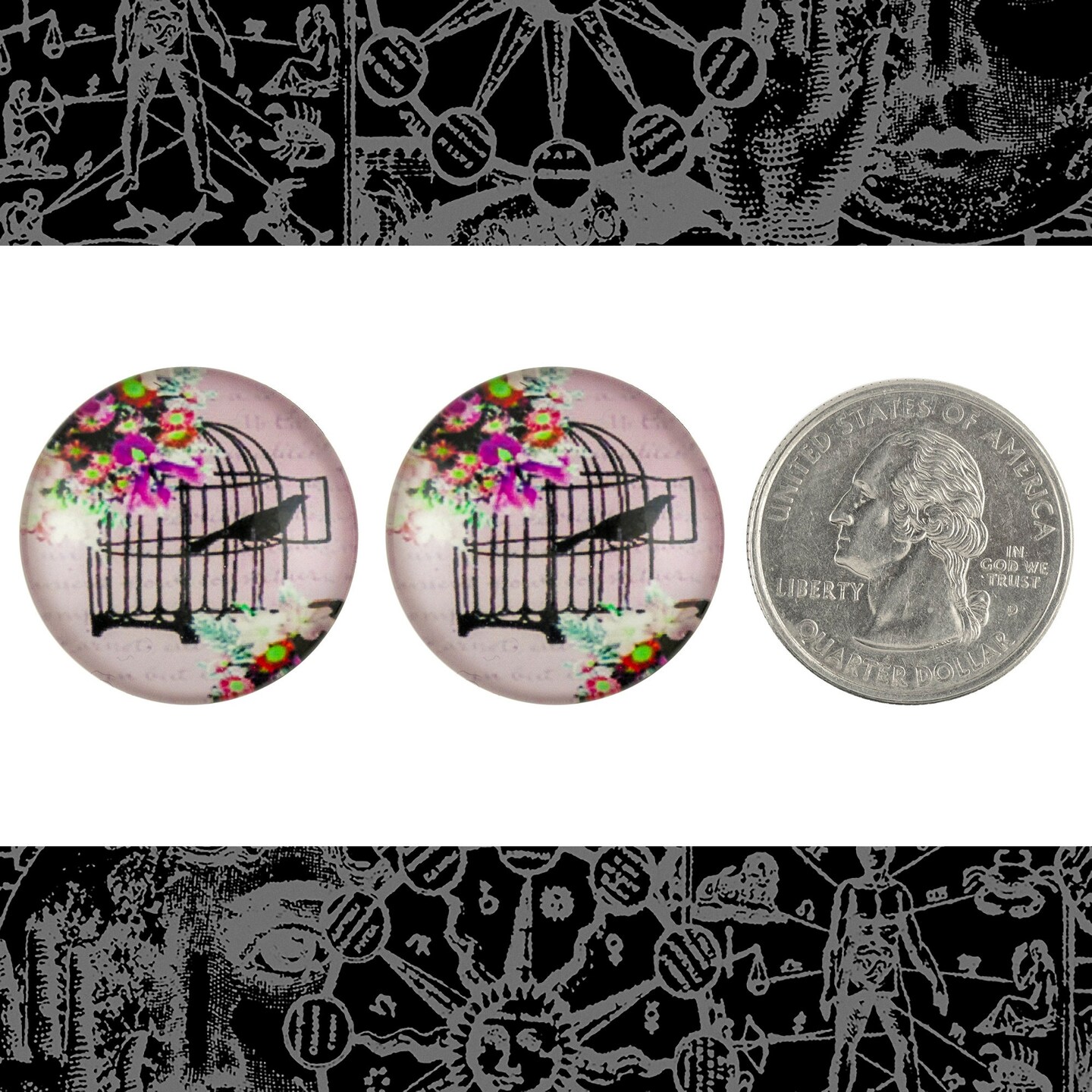 25mm Round Pink Birdcage and Escaping Bird Glass Cabochons - Set of Two - CAB60