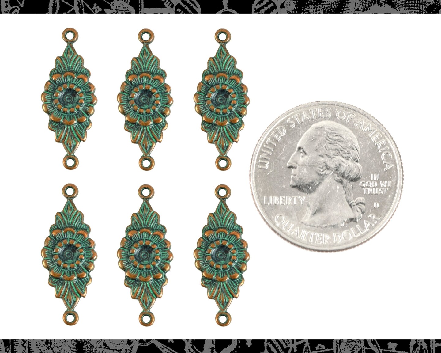Verdigris Finished Brass Flower Two Ring Connectors - Set of Six - XXX - V-2C06