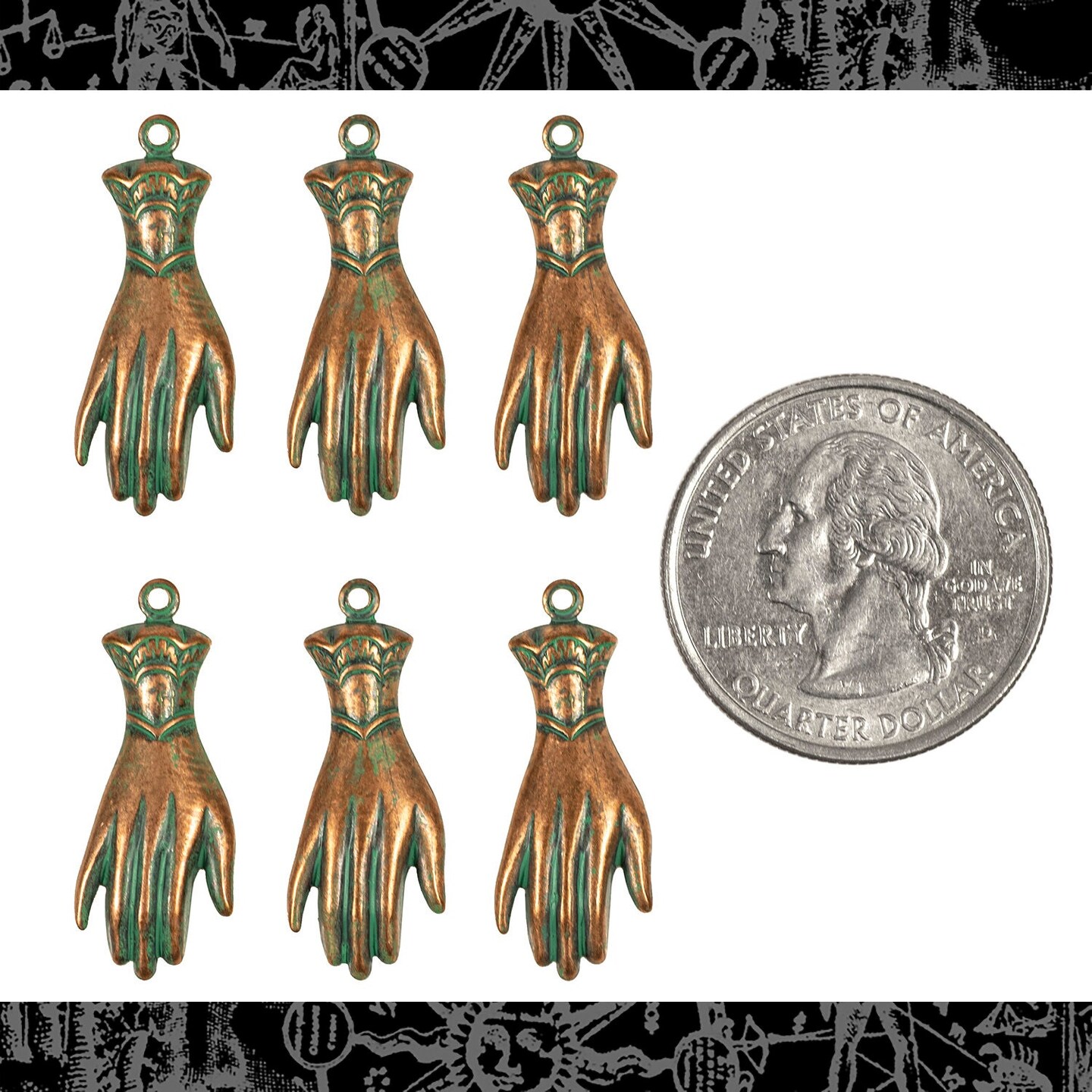 Verdigris Finished Brass Hand Charms with Ring on Wrist - Set of Six - V-C157