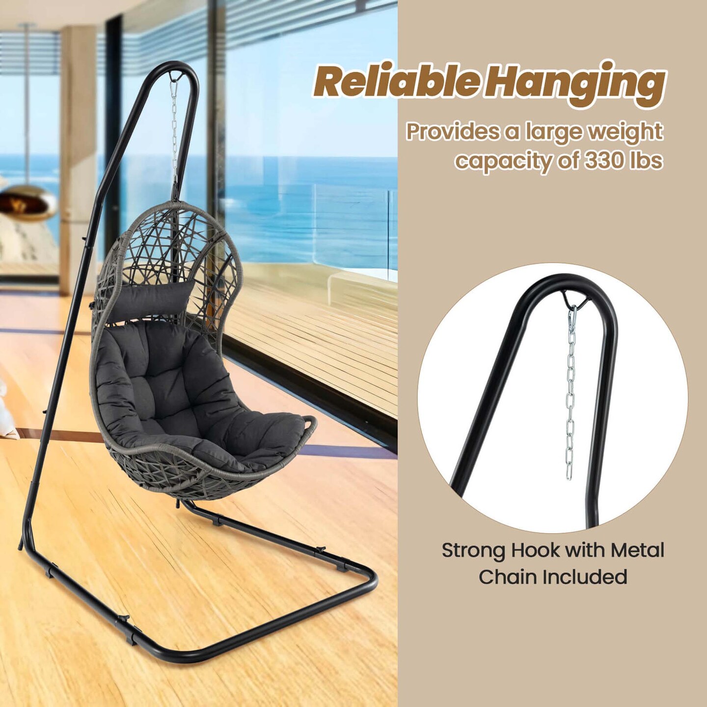 Costway 77&#x22;-93&#x22; Height Adjustable Hanging Chair Stand with Heavy-duty Metal Frame for Patio