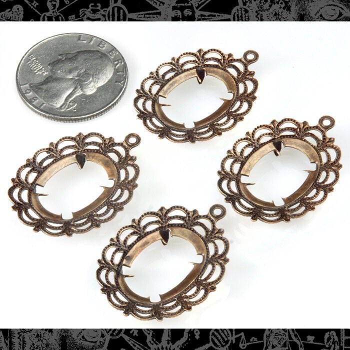 Antiqued Brass Lacy Cameo Frames for - 13mm x 18mm - Set of Four - AB-F09