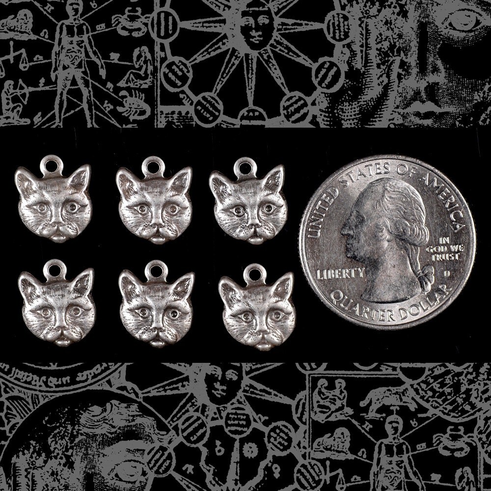 Antiqued Silver Plated Brass Mini Cat Face Charms - Set of Six - S-C112