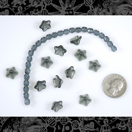 Montana Blue Beads Trumpet Flowers and Matching 6mm Fire Polished Faceted Glass - XXX - GB-FB55