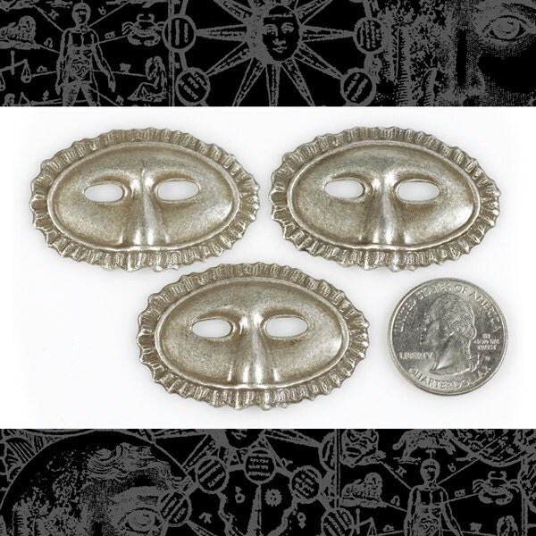 Antiqued Silver Plated Brass Mardi Gras Mask Pendants Charms - Set of Two - S-P32