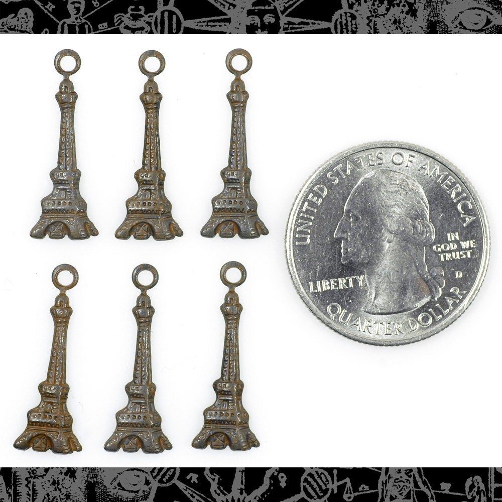 Chocolate Brown Plated Brass Eiffel Tower Flat Back Charms - Set of Six - RB-C154