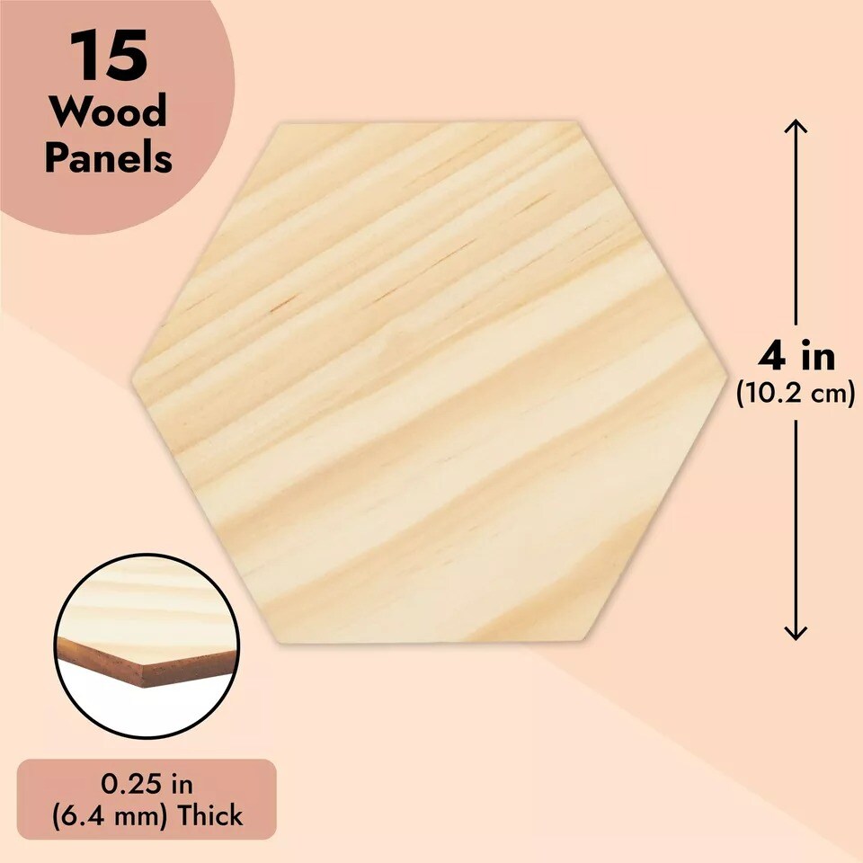 15 Pack Unfinished Wooden Hexagon Cutouts for Crafts, 1/4&#x22; Thick, 4 x 4 In