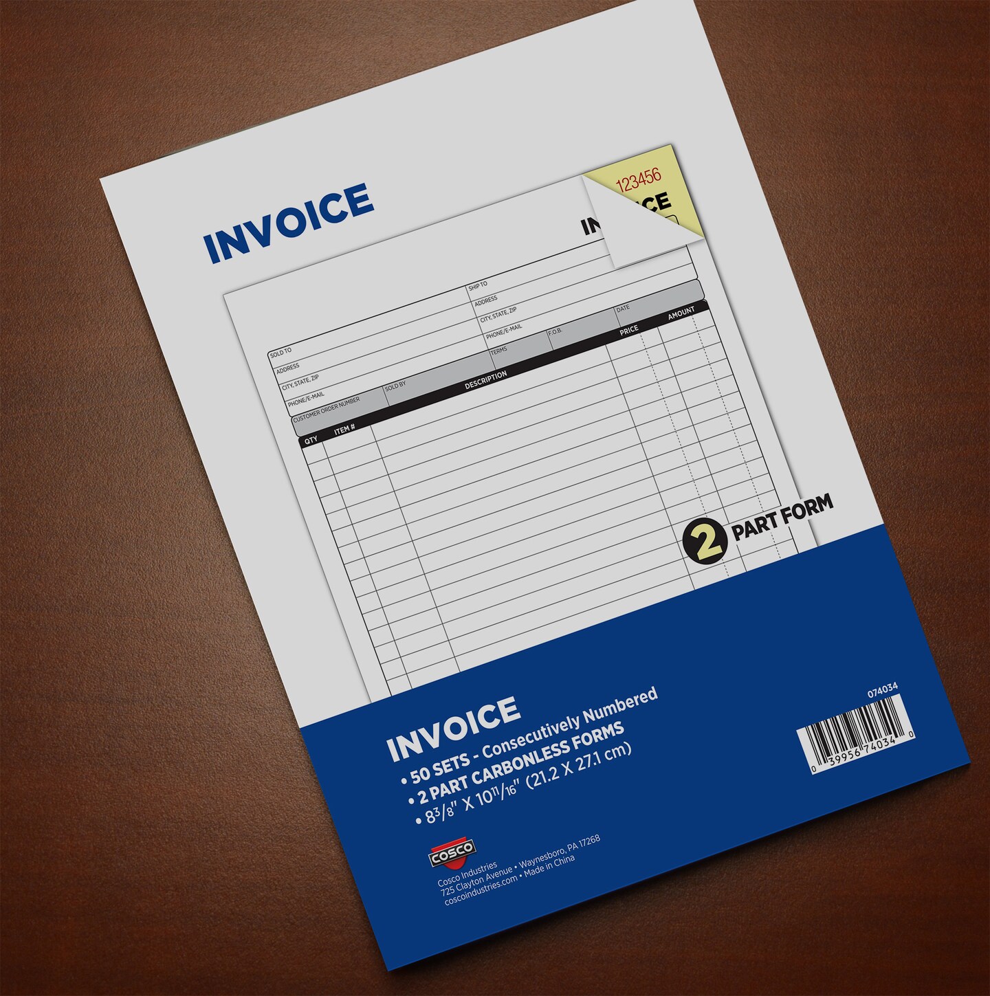 COSCO 2-Part Carbonless Invoice Book with Wrap-Around Cover, Consecutive Numbering, White/Canary, 50 Sets per Book