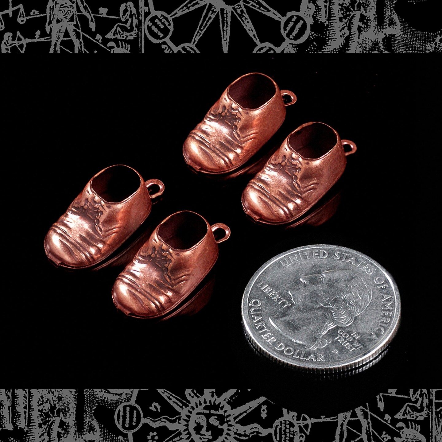 Antiqued Copper Plated Brass Baby Shoe Charms  Set of Four - C-C105