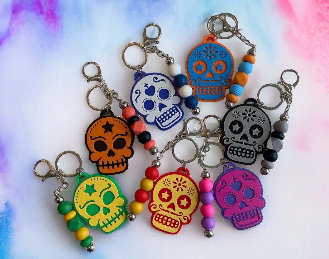 3D Printed Sugar Skull Keychain with Silicone Bead Accent - Day of