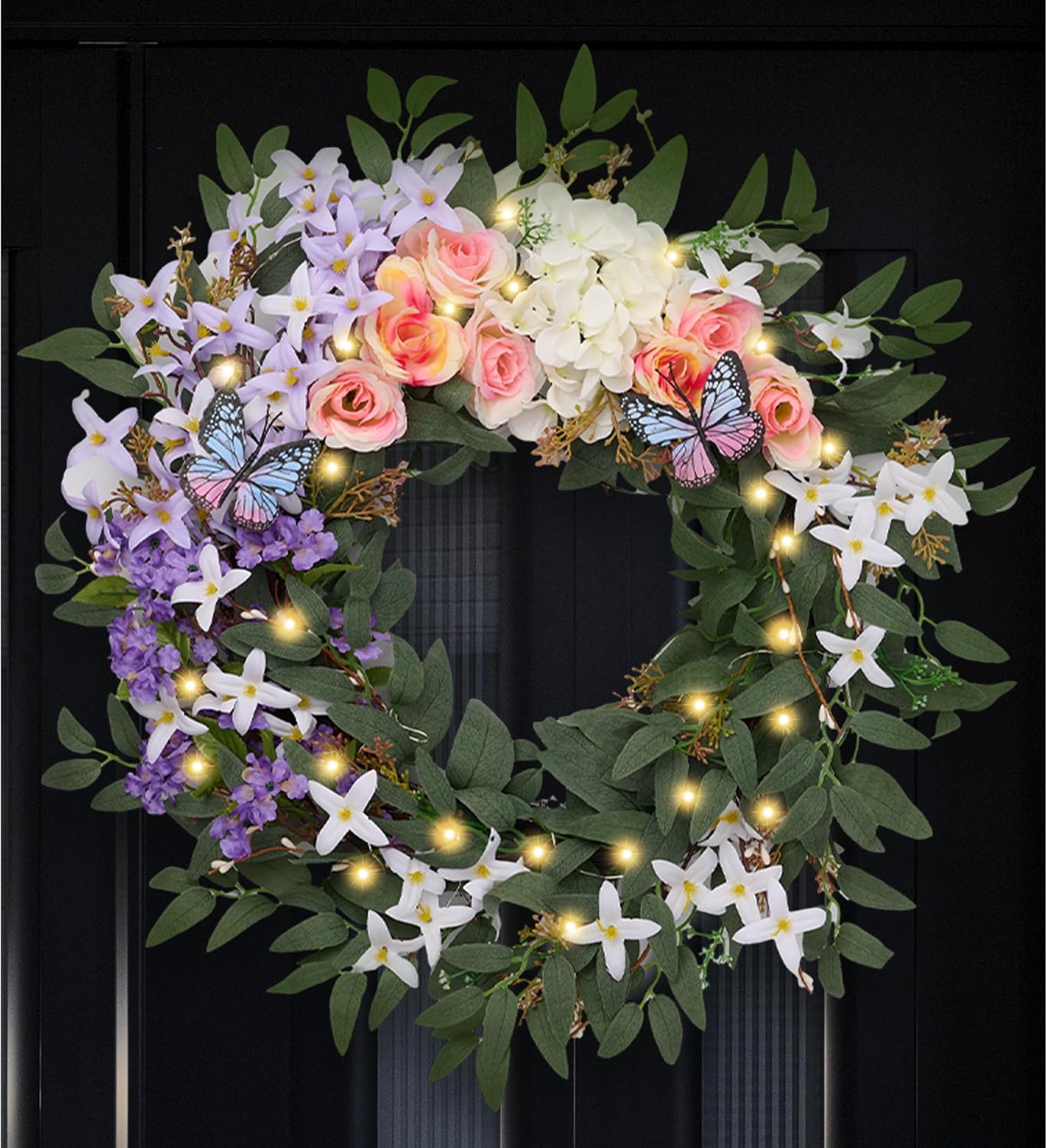 Spring Summer Flower Wreaths for Front Door with Lights