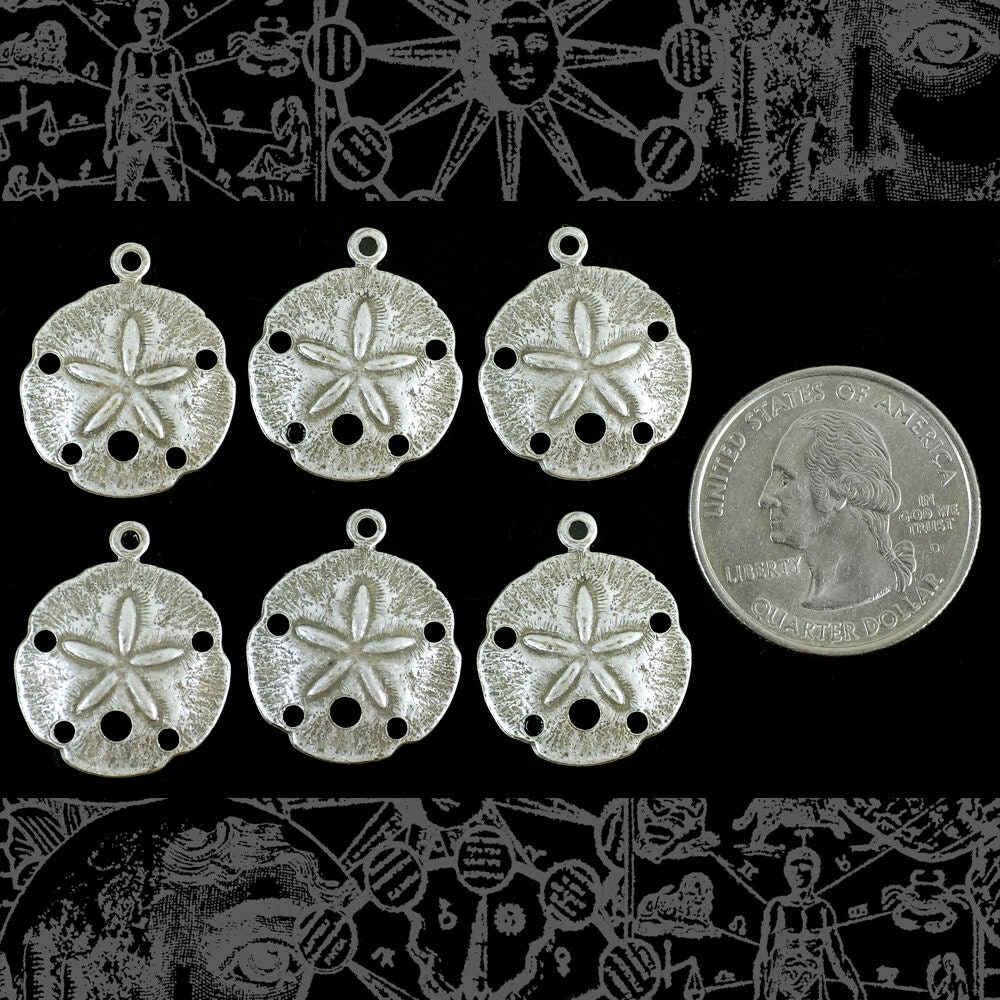 Antiqued Silver Plated Brass Small Sand Dollar Charms - Set of Six - S-C115