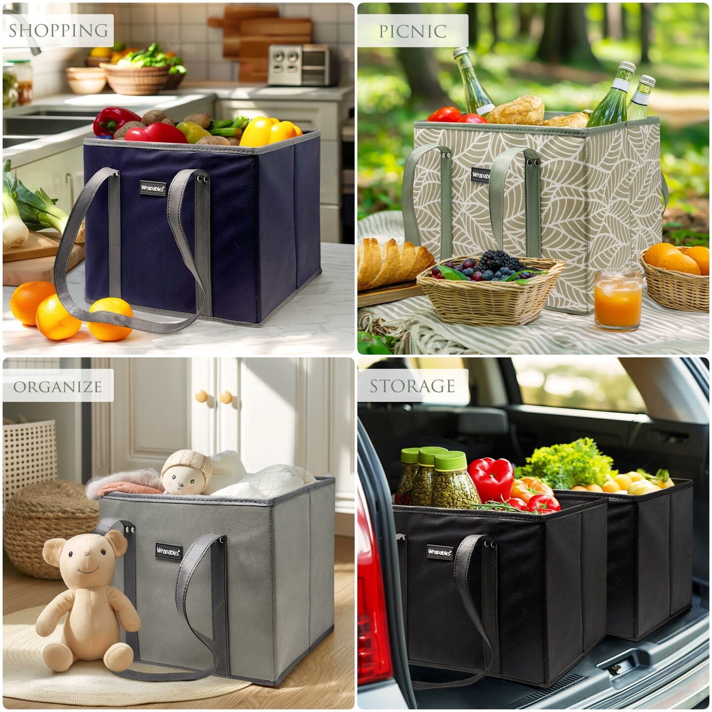 Wrapables 3Pk Reusable Grocery Bags, Heavy Duty Large Foldable Storage Shopping Totes with Reinforced Handles, Navy