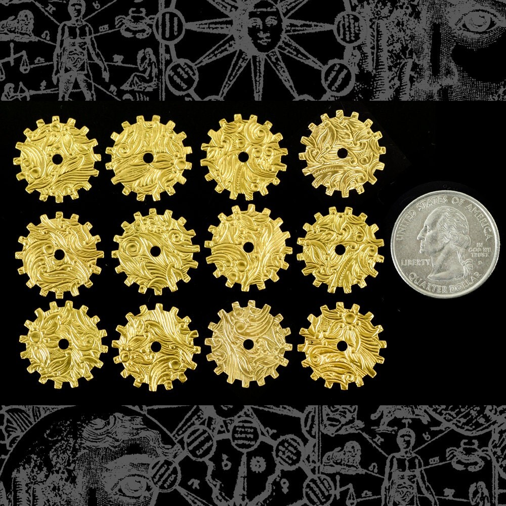20mm Floral Patterned Etched Steampunk Raw Brass Solid Wheels Gears ...