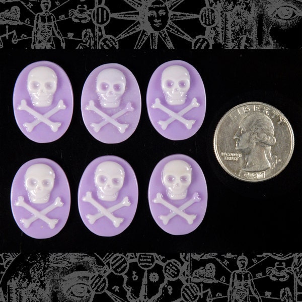 Lavender and White Skull and Crossbones 24mm x 18mm Resin Cameos - Set of Six  - CAM58