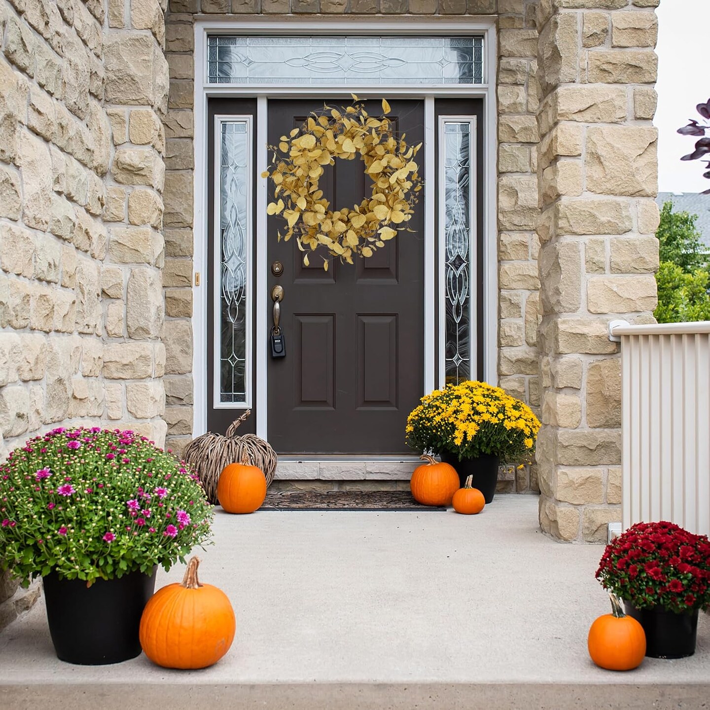 Artificial Fall Eucalyptus Wreath for Front Door with Beige Eucalyptus Leaves,Dry Vine Branches