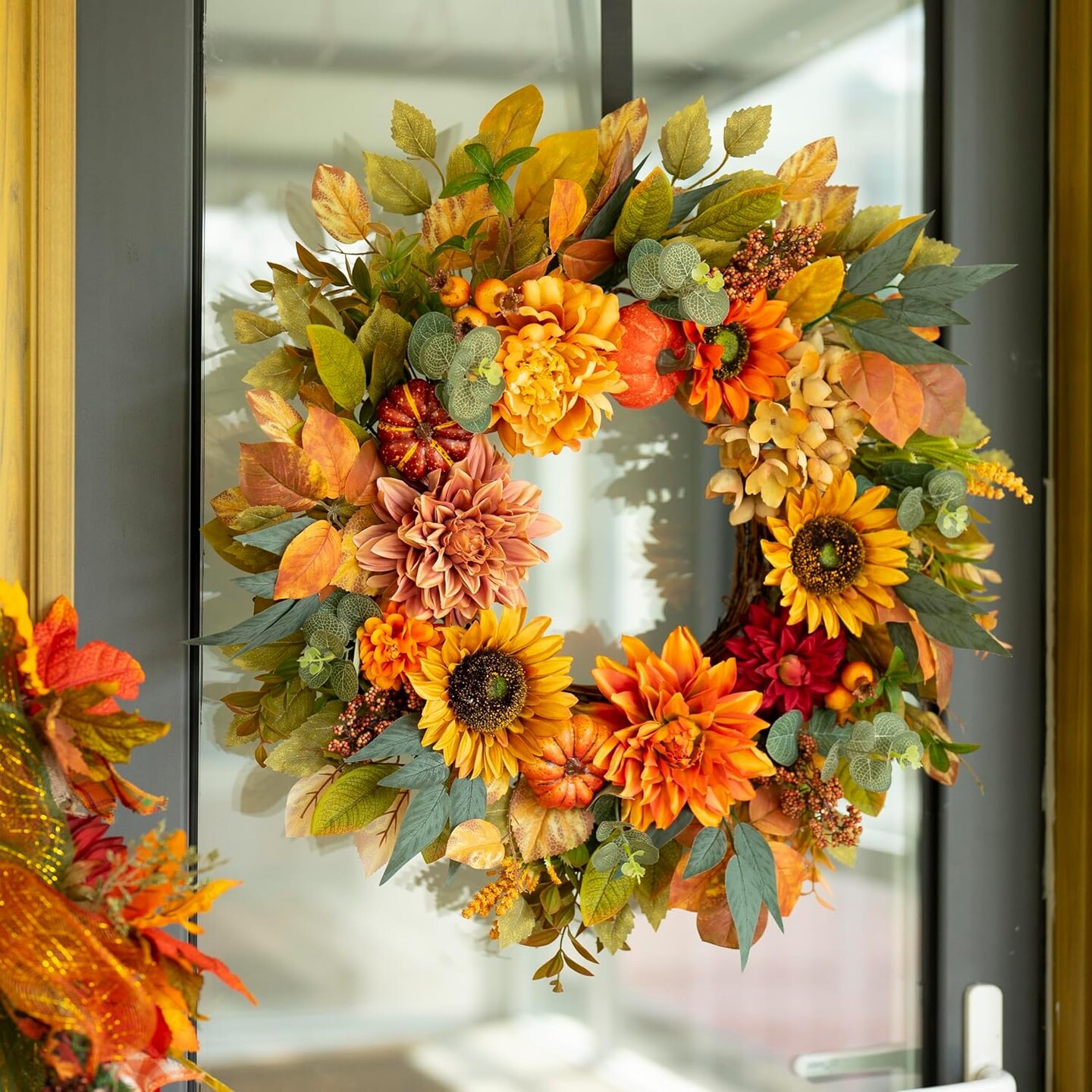Pumpkin Sunflower Large Wreath with Peonies Berries, Autumn Door Wreath for Outdoor Outside Indoor Halloween Thanksgiving Decorations