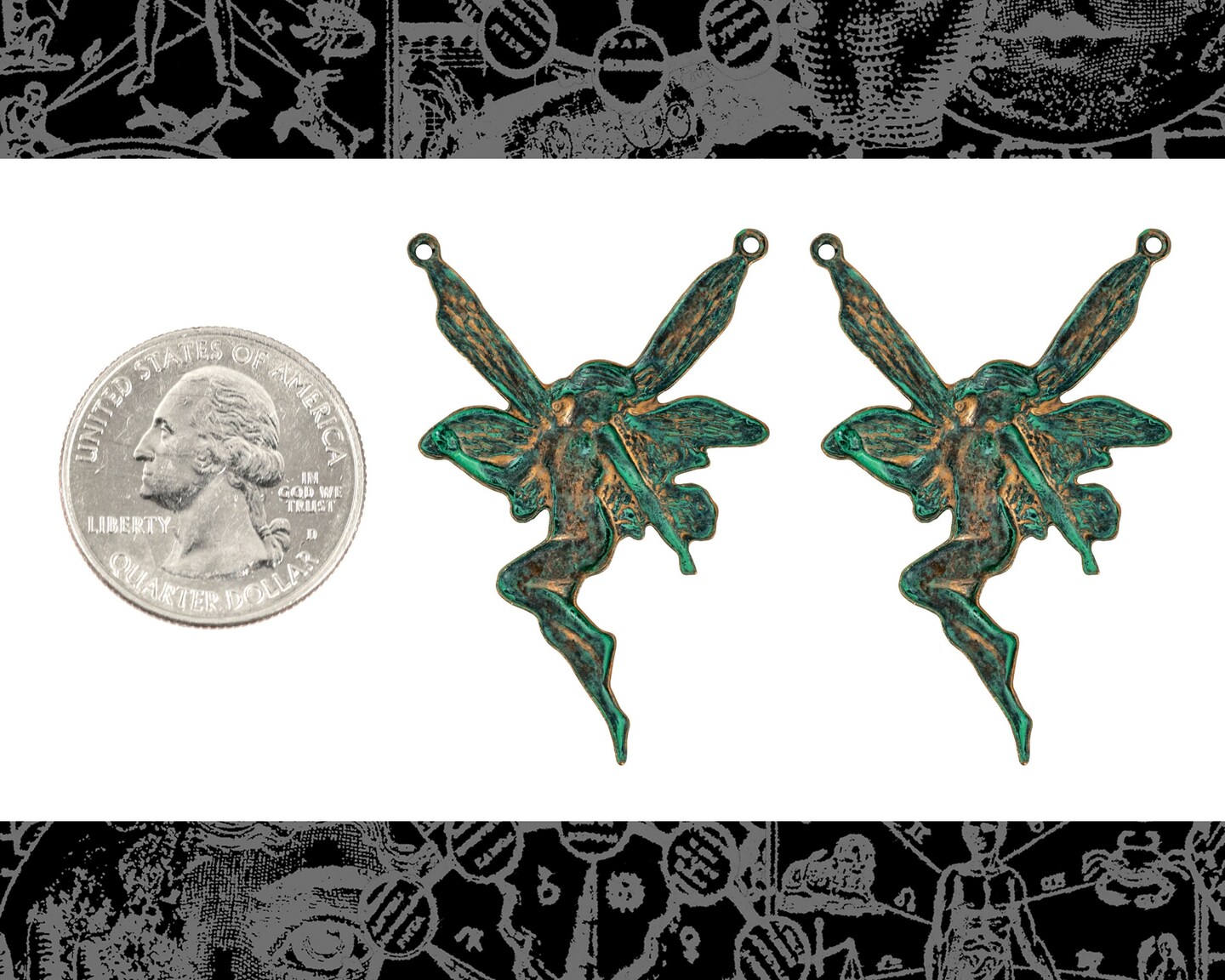 Verdigris Finished Brass Fairy Pendants with Two Rings - Set of Two - V-P26