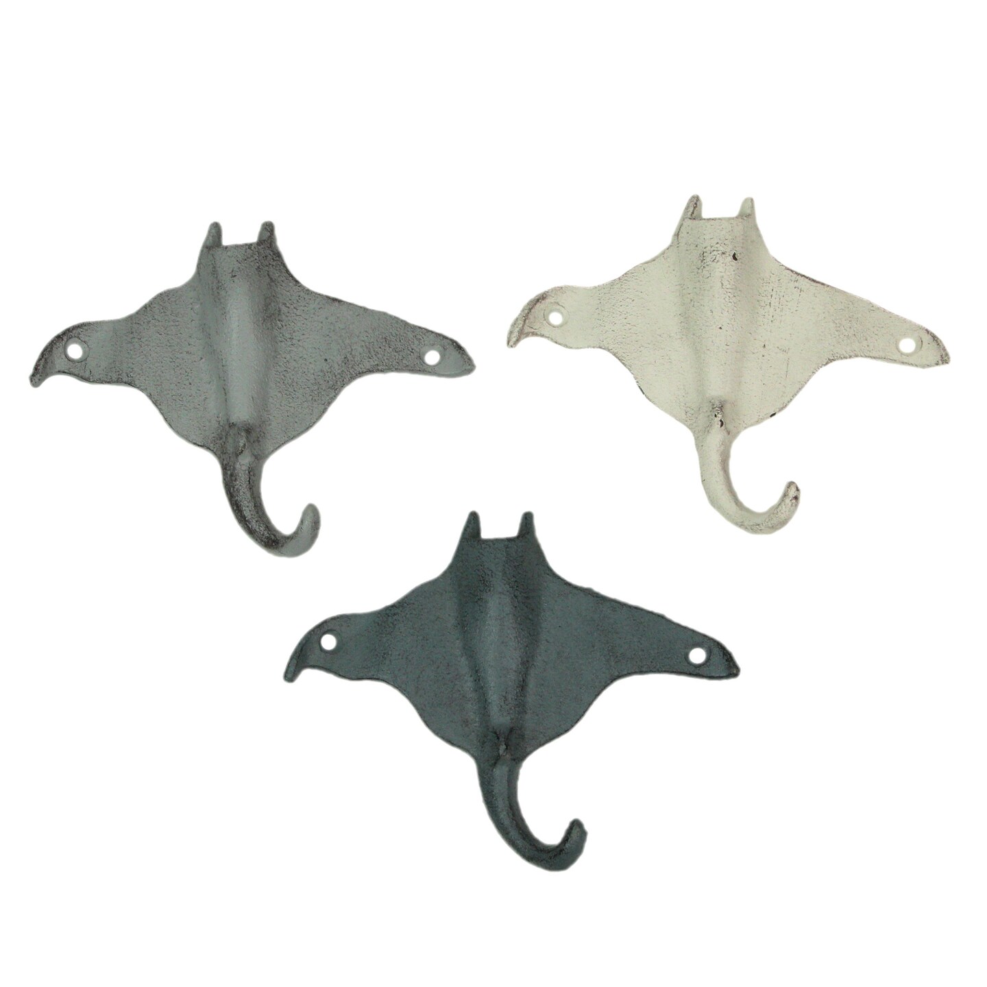 Set of 3 Cast Iron Stingray Wall Hooks 6.25 Inches Long&#x2013; Easy to Hang - Blue ,Gray, White - Coastal Decor Perfection for Beach Towels, Keys or Coats