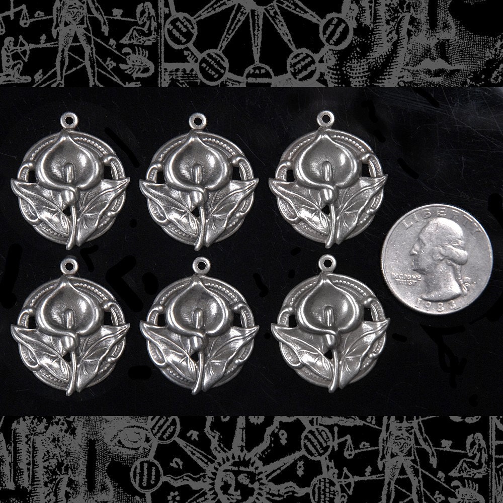 Round Antiqued Silver Plated Brass Lily Charms - Set of Six - S-C14