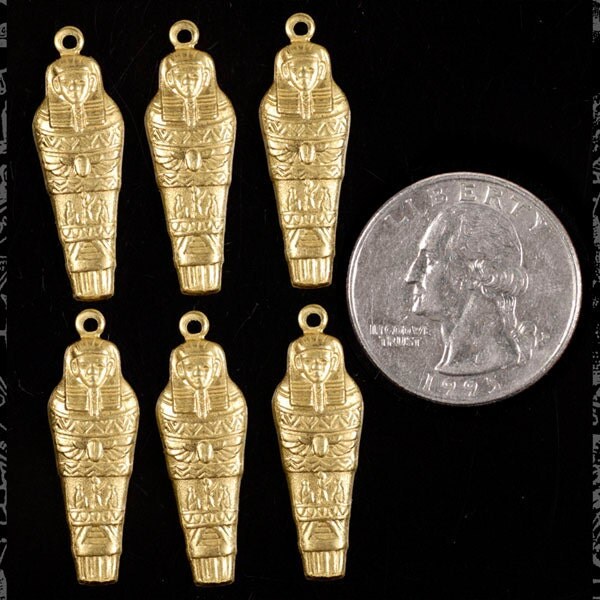 Raw Brass Egyptian Mummy Sarcophagus Charms or Pendants - Set of Six - B-C73