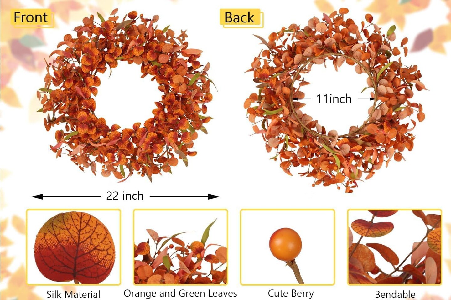 Fall Wreaths for Front Door with 30 LED Warm Lights Artificial Fall