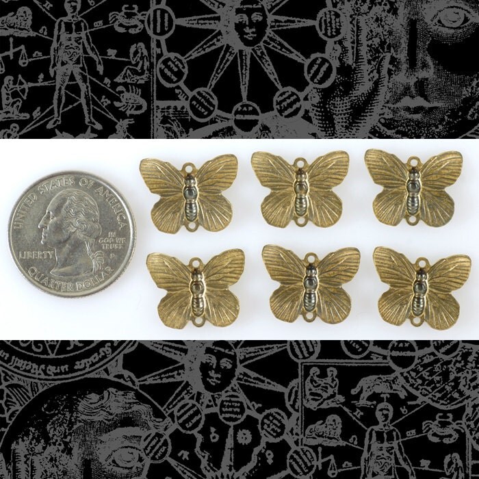 Antiqued Brass Butterfly Two Ring Connectors - Set of Six - AB-2C49