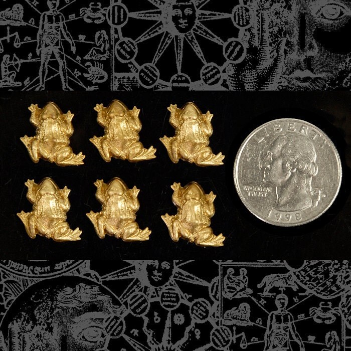 Raw Brass Crouching Frog Charms Stampings - Set of Six - B-C66