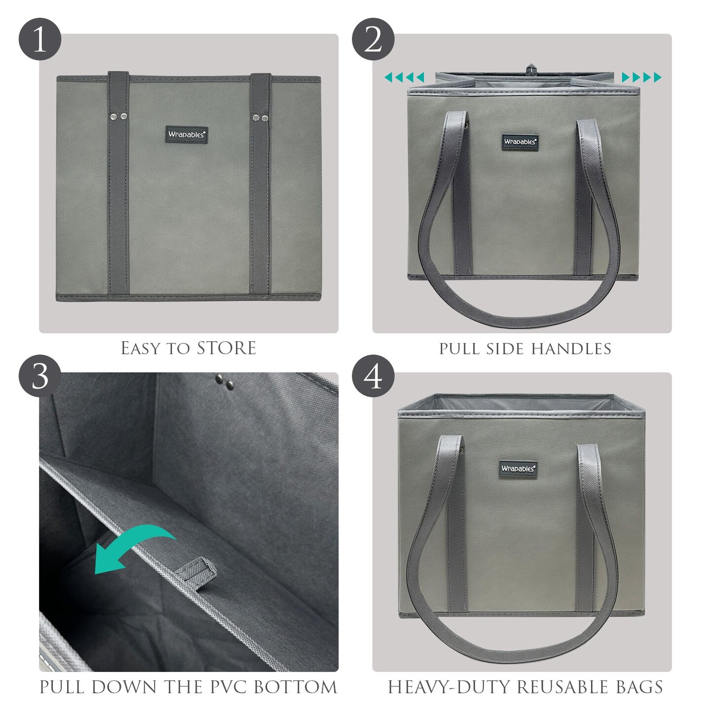 Wrapables 3Pk Reusable Grocery Bags, Heavy Duty Large Foldable Storage Shopping Totes with Reinforced Handles, Gray