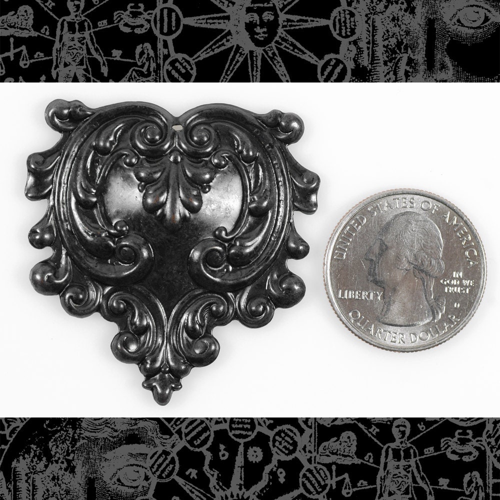 Black Plated Brass Vintage Style Ruffled Heart Pendants - Set of Two - BB-P43