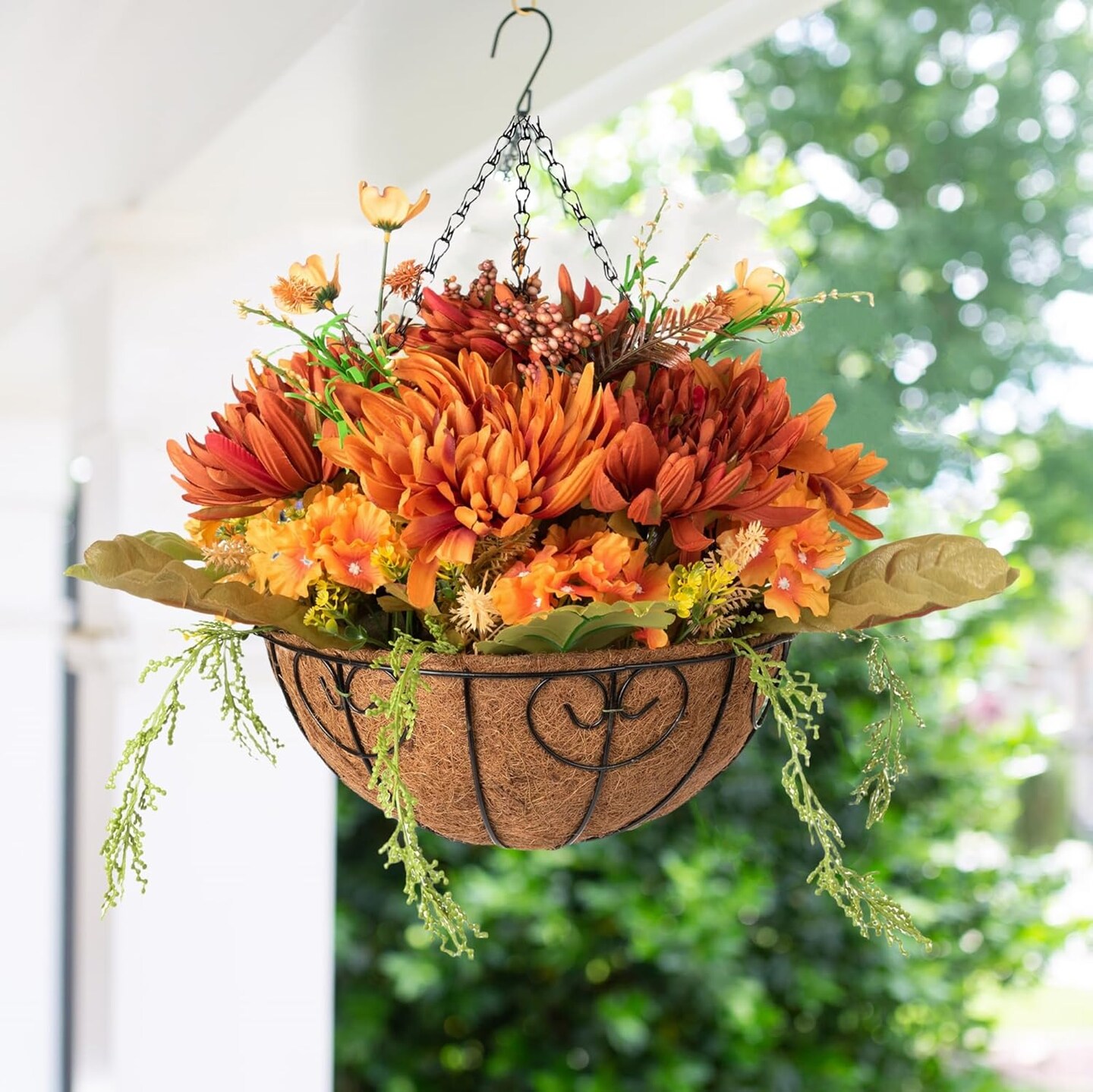 Artificial Fake Fall Hanging Chrysanthemum Flowers Plants Baskets for Outdoor Outside, Faux Silk Orange Mums UV Resistant Realistic for Autumn Home Porch Patio Balcony Yard Decor