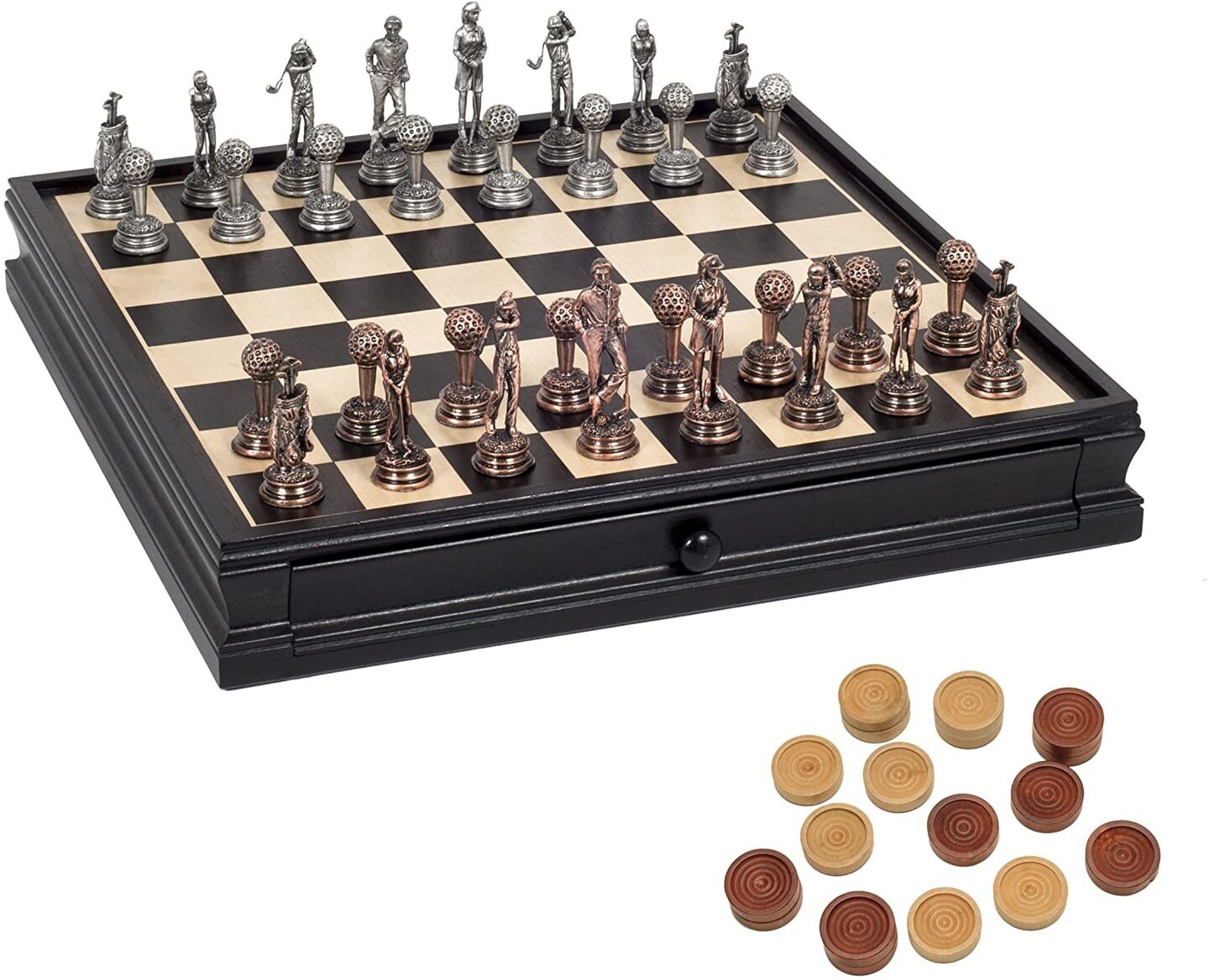 WE Games Golf Chess &#x26; Checkers Game Set - Pewter Chessmen &#x26; Black Stained Wood Board with Storage Drawers 15 in.