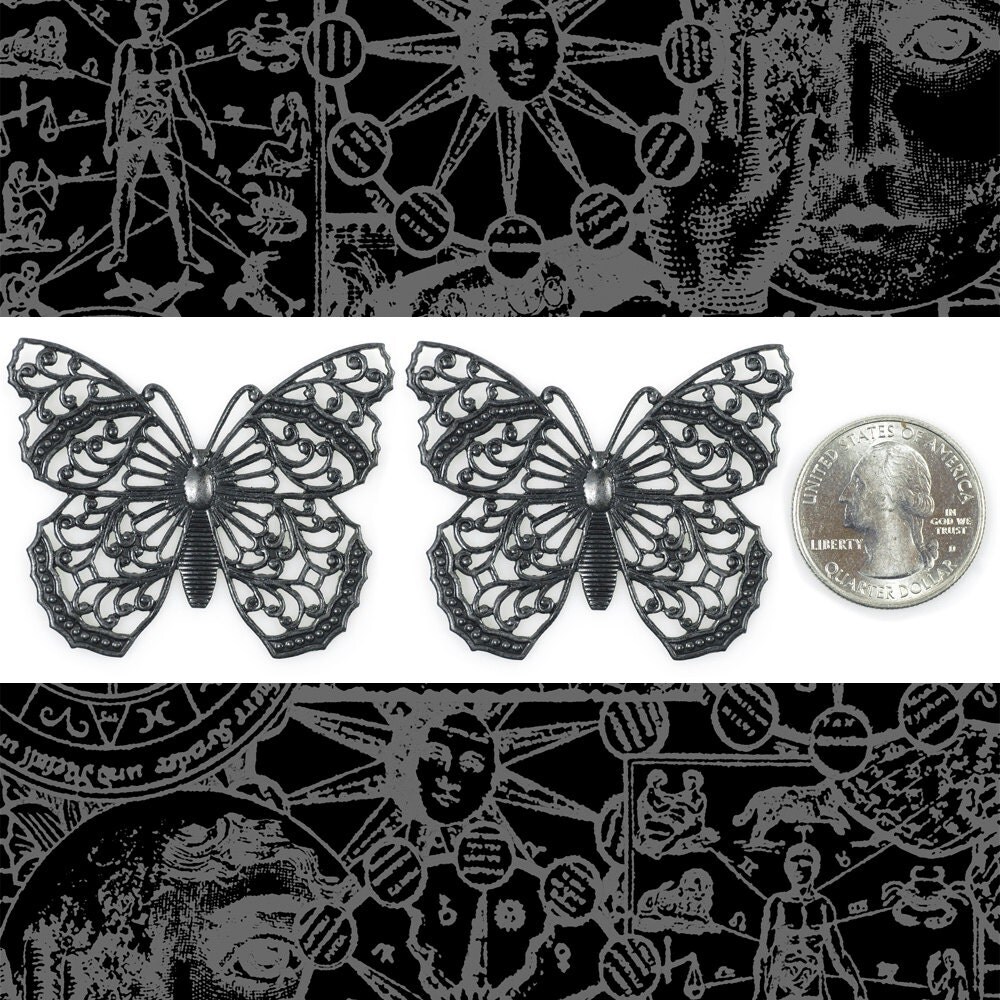 Black Plated Brass Filigree Butterfly Pendants - Set of Two - BB-P14