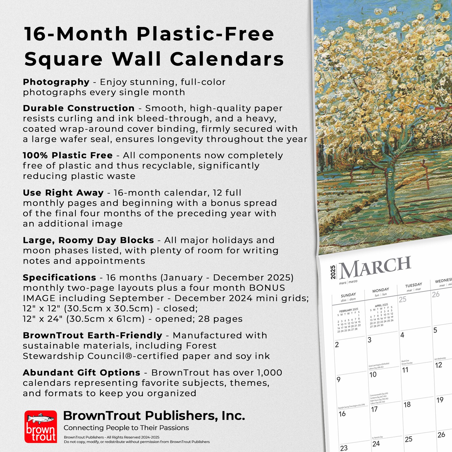 Vincent van Gogh | 2025 12 x 24 Inch Monthly Square Wall Calendar | Plastic-Free | BrownTrout | Dutch Post-Impressionist Artist