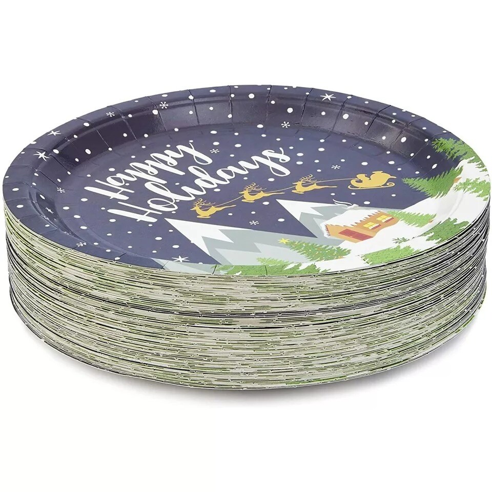 80 Pcs Christmas Paper Plates Disposable Happy Holiday Xmas Party Dinnerware 9”