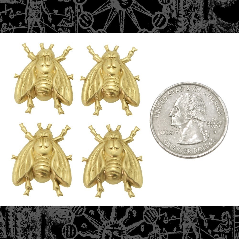 Raw Brass Medium Sized Bee Stampings Pendants Charms - Set of Four - B-P29