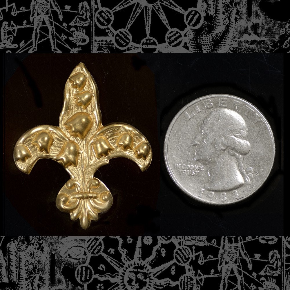 Raw Brass Fleur de Lis with Lilies of the Valley Pendant Piece - B-P16