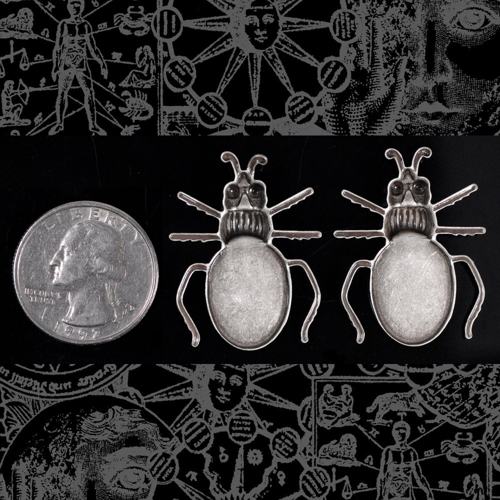 Antiqued Silver Plated Brass Beetle Pendant Charm Flat Setting on Back - Set of Two - S-P71