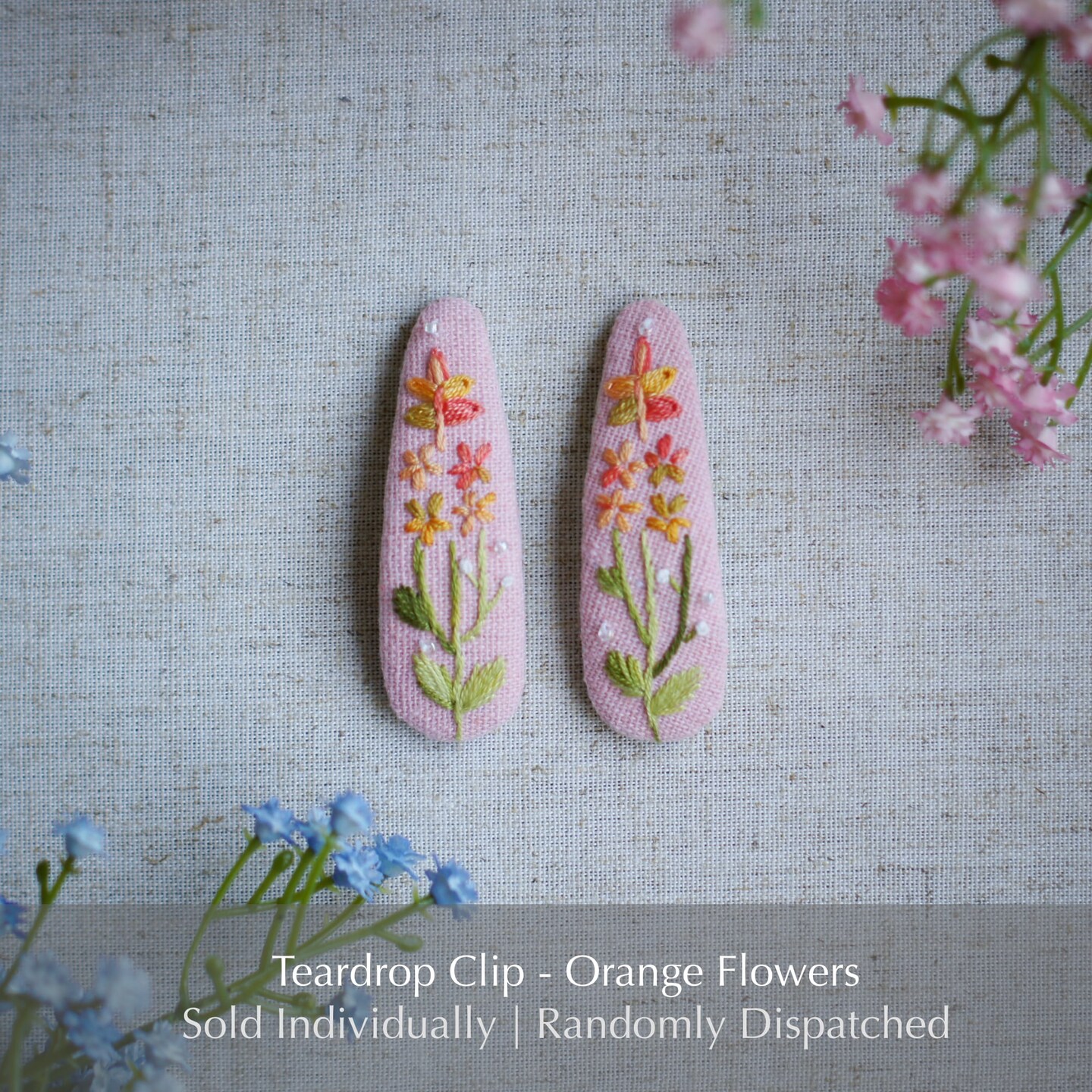 Pink Linen Hair Clips with Delicate Floral Embroidery, Hand  display picture 3