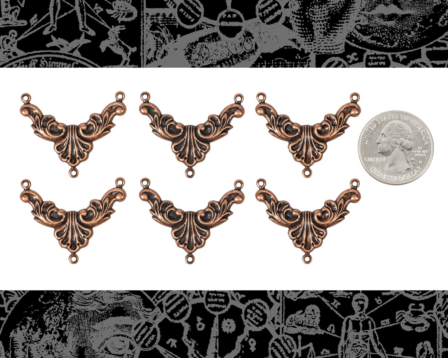 Antiqued Copper Plated Brass Ornate Three Way Connectors  - Set of Six - C-3C05