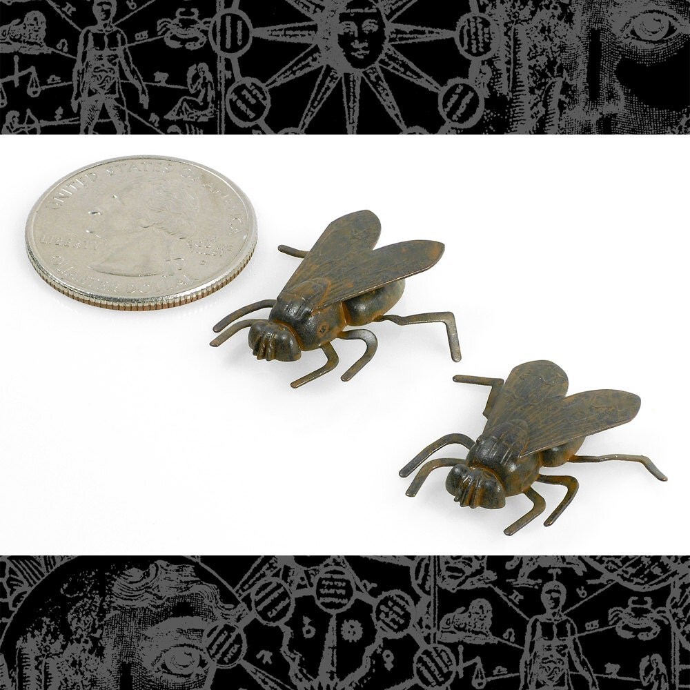 Chocolate Brown Plated Brass Life-Sized Black Fly Charms with Bendable Legs - Set of Two - RB-C130