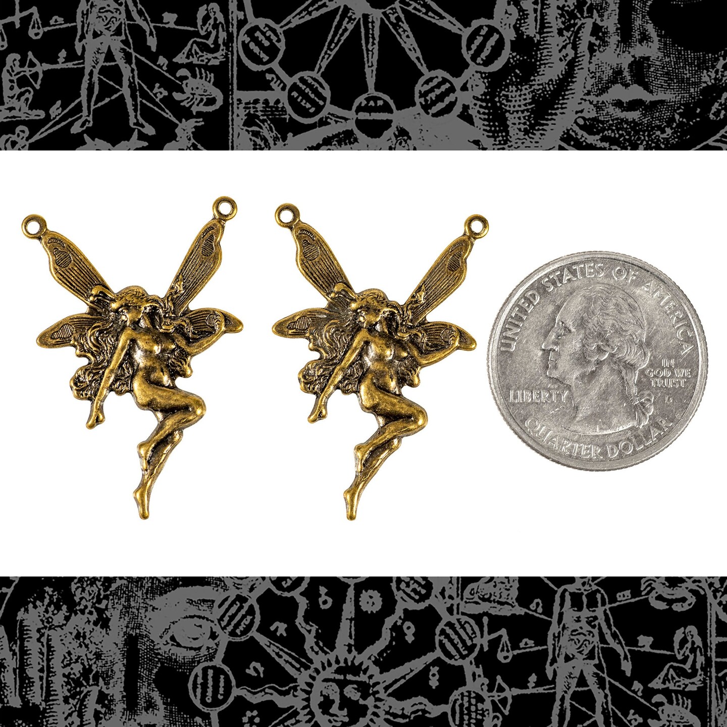 Antiqued Brass Fairy Pendants with Two Rings - Set of Two - AB-P26