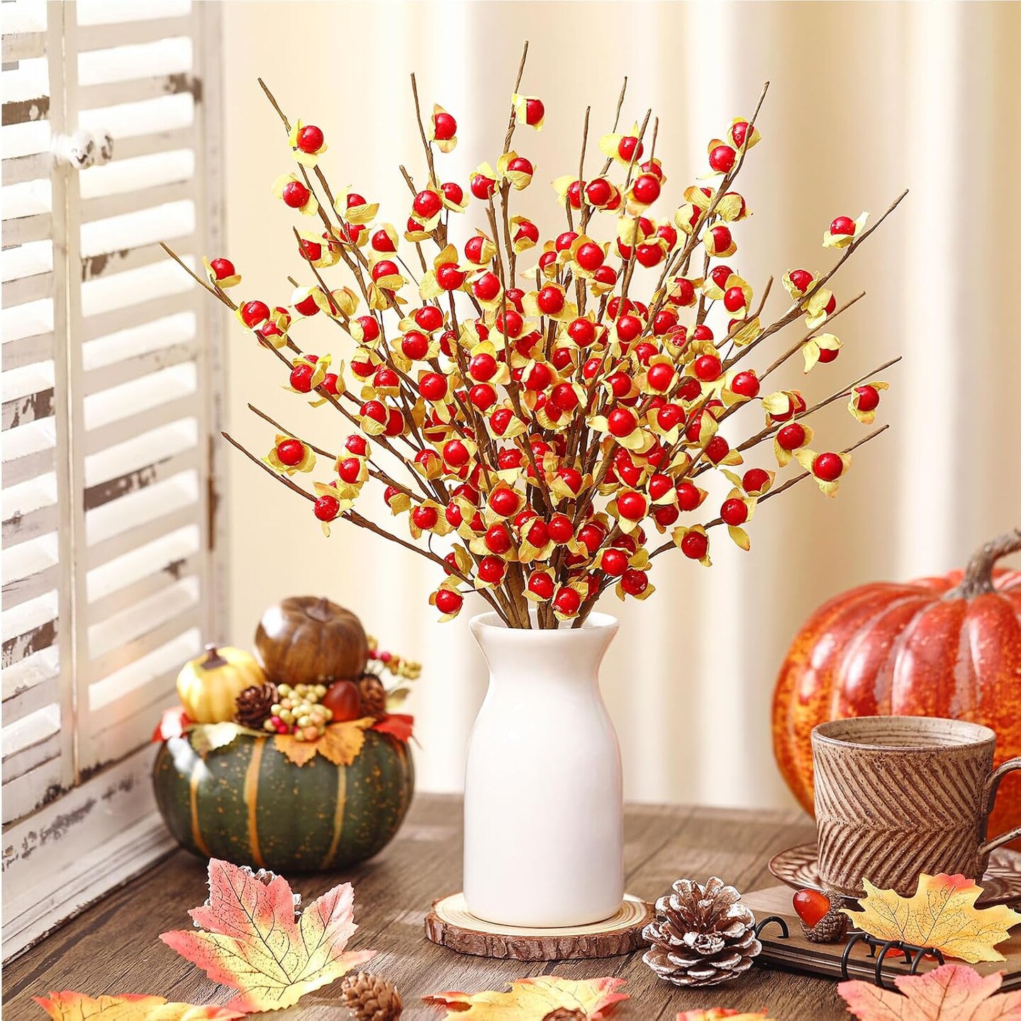 6 Pcs Fall Berry Stems Fall Picks 16&#x22; Artificial Bittersweet Branches Autumn Orange Spray with Red Berries Floral Arrangements with Fake Stem for Harvest Vase Festival Indoor Holiday Decoration