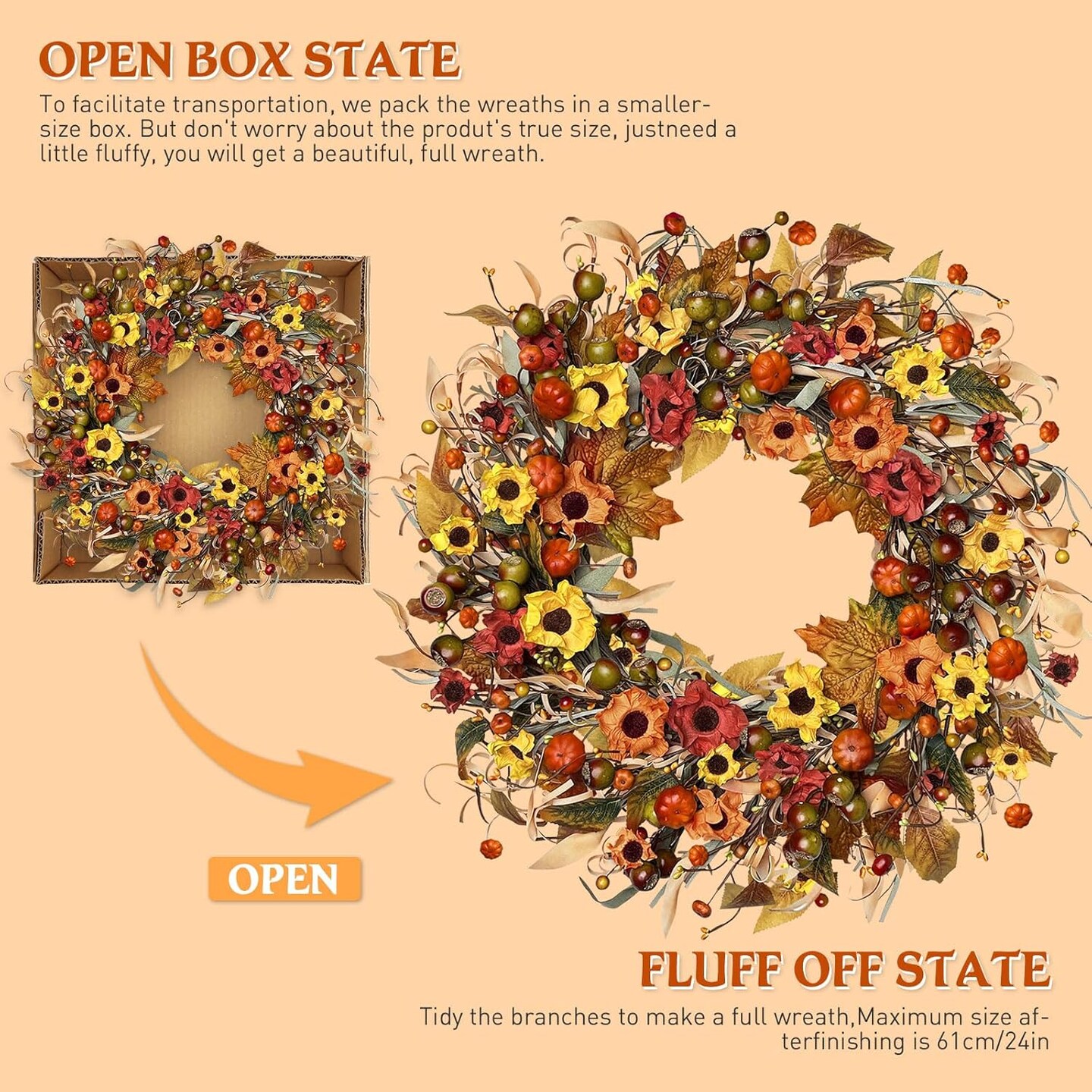 Fall Farmhouse Wreath with Berry,Daisies and Pumpkins, Autumn Wreaths for Front Door Outdoor Window Indoor Thanksgiving Halloween Decor
